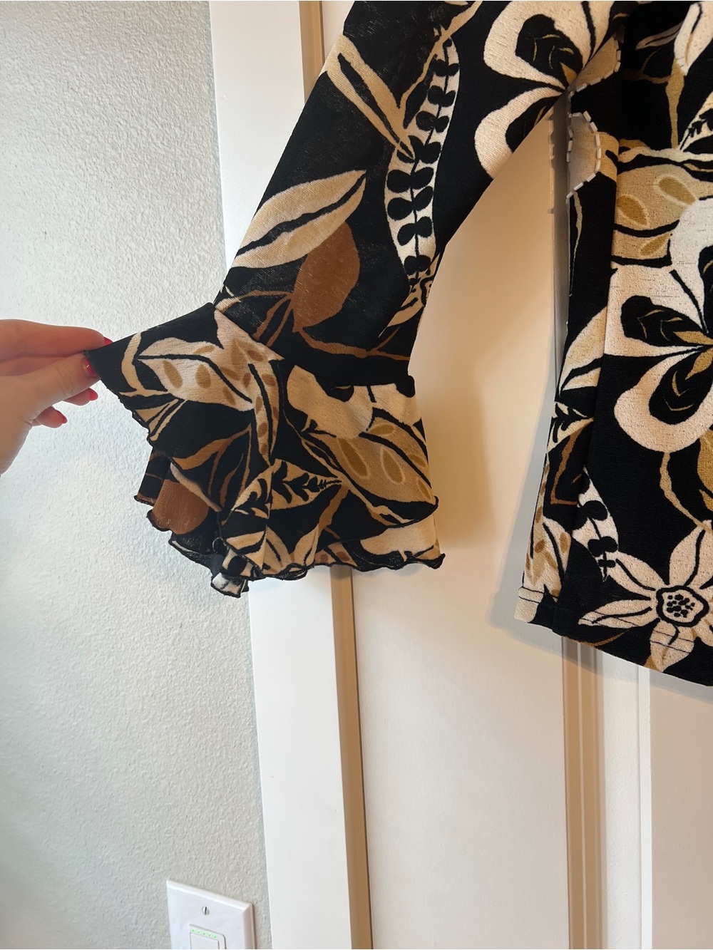 Vanity Black Floral Ruffle Sleeve Blouse with Gold Accents - Picture 7 of 7